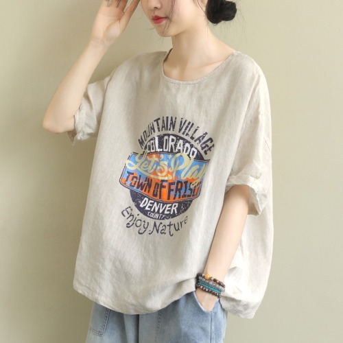 綿麻 プリント 半袖 Tシャツ レディース ラウンドネック レトロ カジュアル Tシャツ 夏服 夏コーデ ファッション 今日のコーデ 大人コーデ レディース