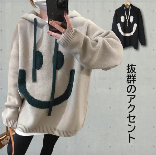 フード付き 秋冬 ルーズ ミッドレングス ニットセーター スウェット秋服 秋コーデ 今日のコーデ 大人コーデ レディース