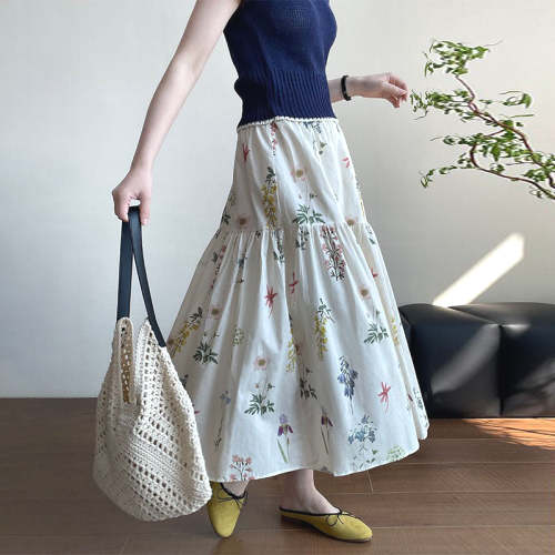 春夏ストレッチウエストAラインスカートかわいい植物プリントスカート